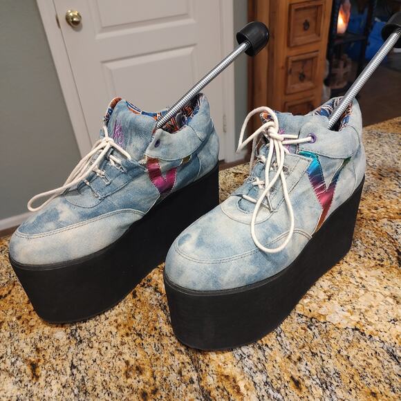 YRU Vintage Denim Platform Sneakers Size 39 with Embroidered Details 8.5 US - Picture 1 of 12